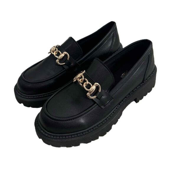 Lug Sole Loafers Black Gold Chain Embellished Chunky Sole Polished NWOT Size 40 - Picture 2 of 10